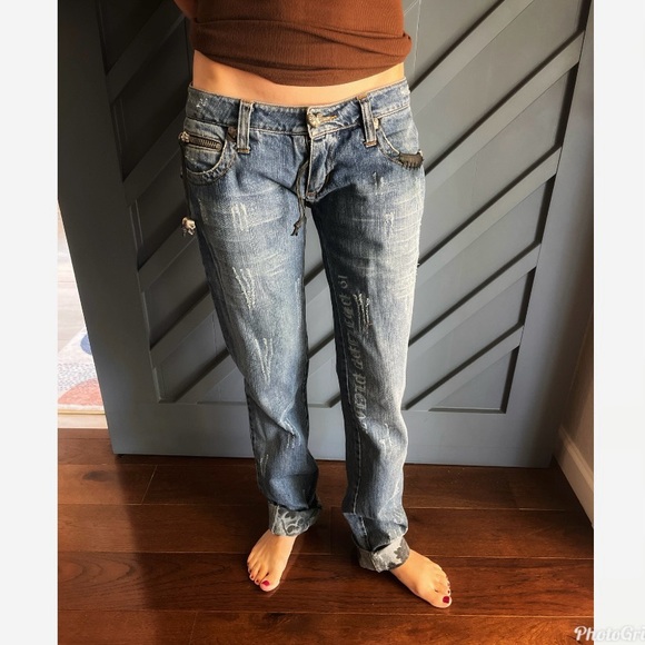 PHILIPP PLEIN RARE Low Rise Leather, Metal Embellished Jeans - Picture 4 of 16